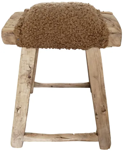 Vintage Shandong Elm Stool with Shearling - Brown