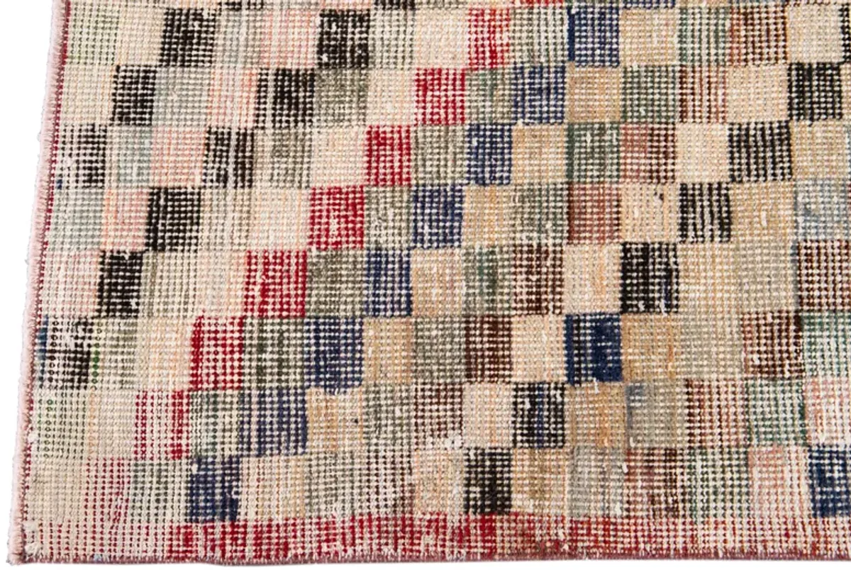 Vintage Turkish Geometric Runner Rug - Apadana - Beige - Beige