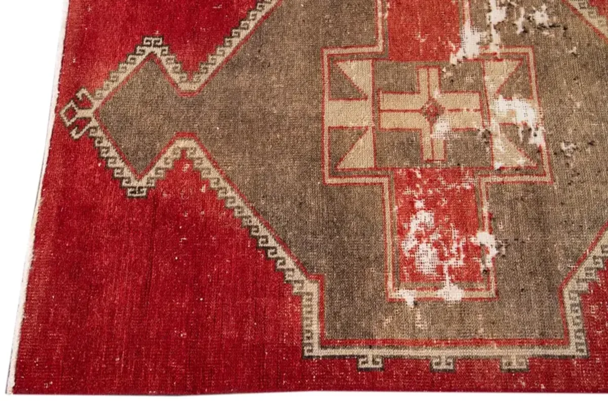 Vintage Turkish Geometric Runner Rug - Apadana - Red - Red