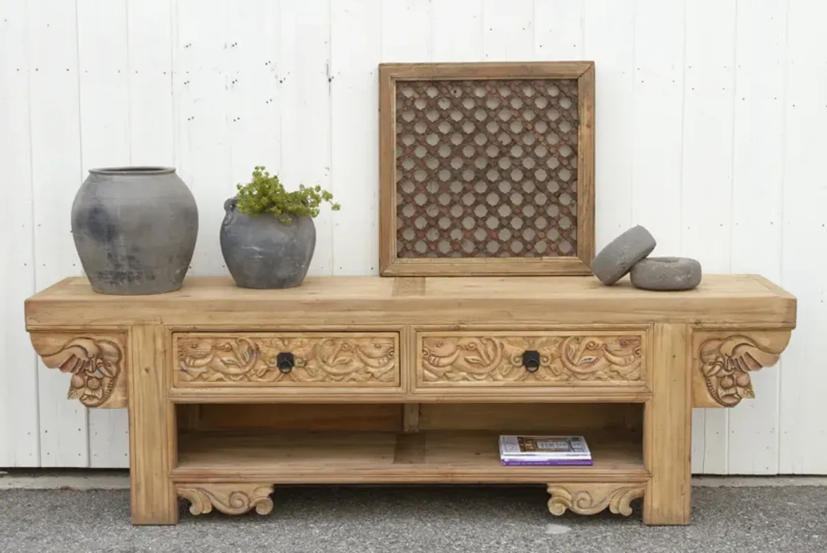 Long Rustic Folk Carved Console - de-cor - Brown