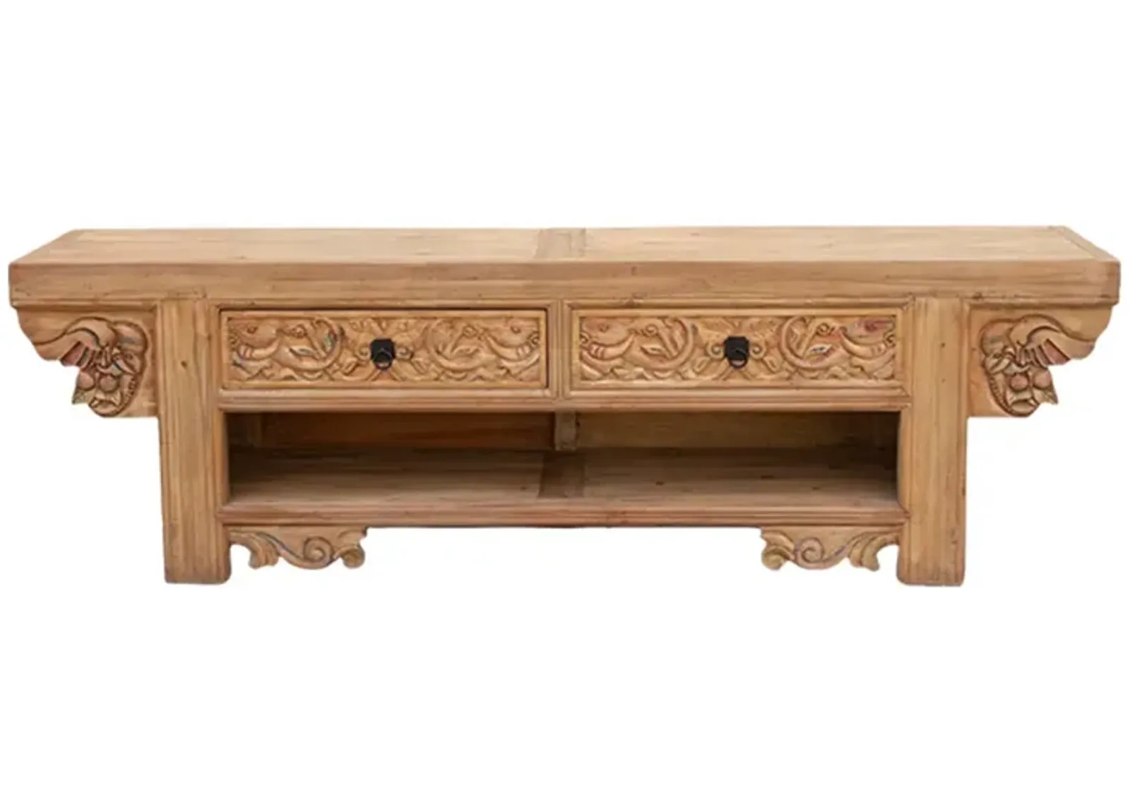 Long Rustic Folk Carved Console - de-cor - Brown