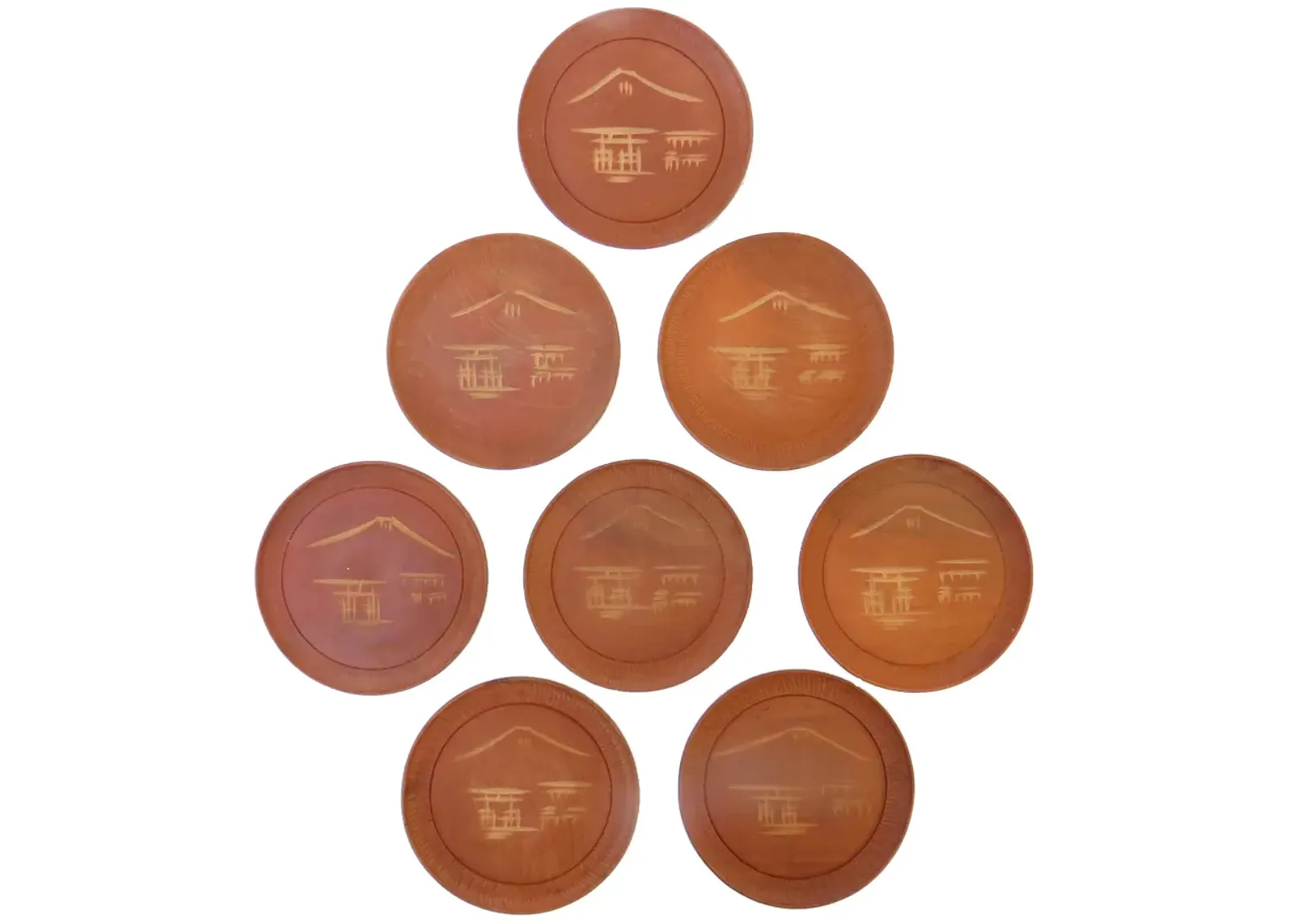 Asian MCM Teak Mt. Fuji Coasters - Set of 8 - Chez Vous - brown