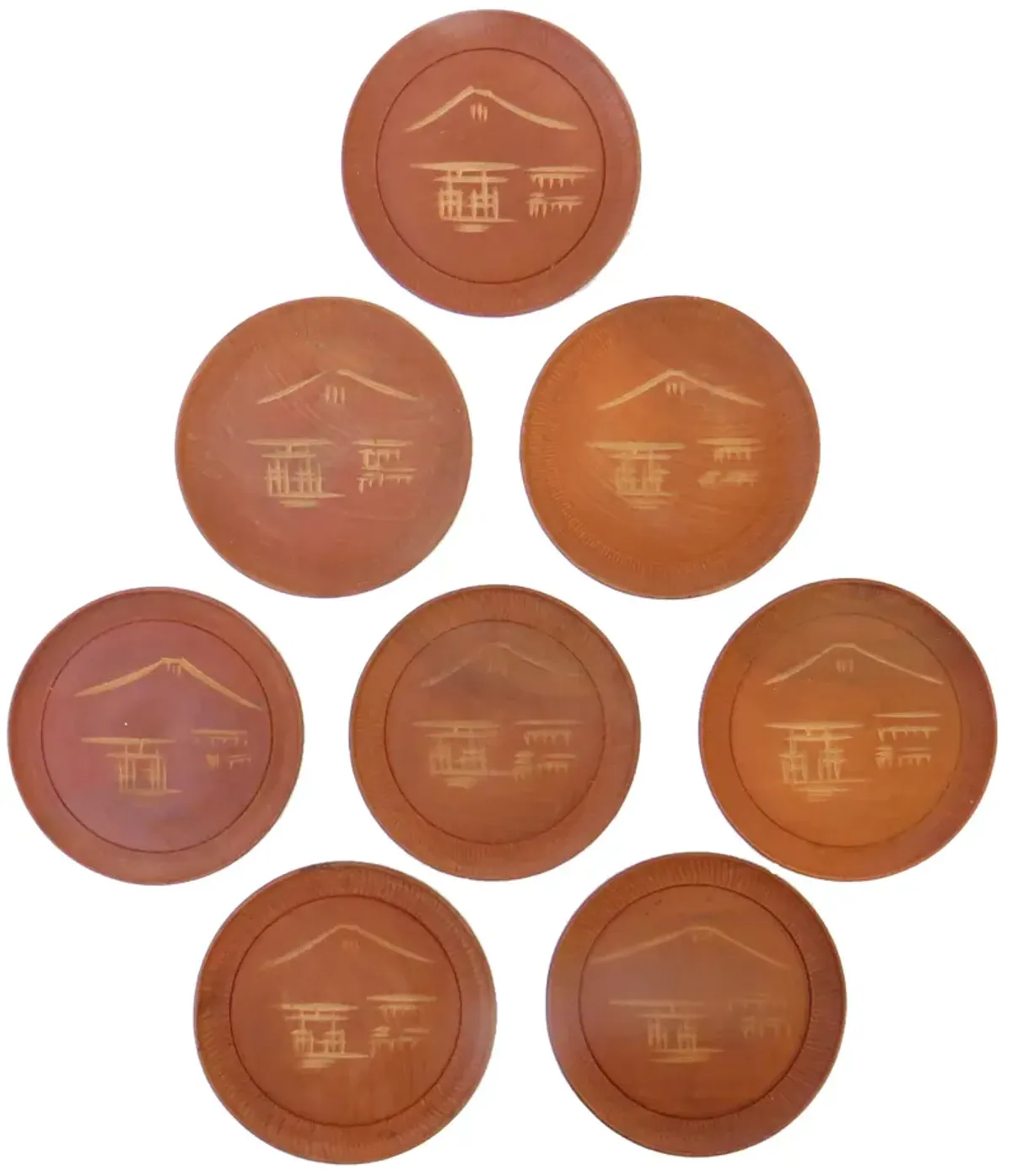 Asian MCM Teak Mt. Fuji Coasters - Set of 8 - Chez Vous - brown