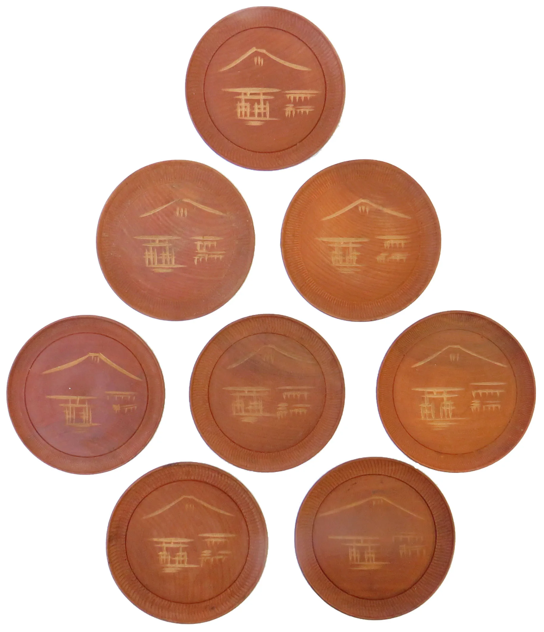 Asian MCM Teak Mt. Fuji Coasters - Set of 8 - Chez Vous - brown