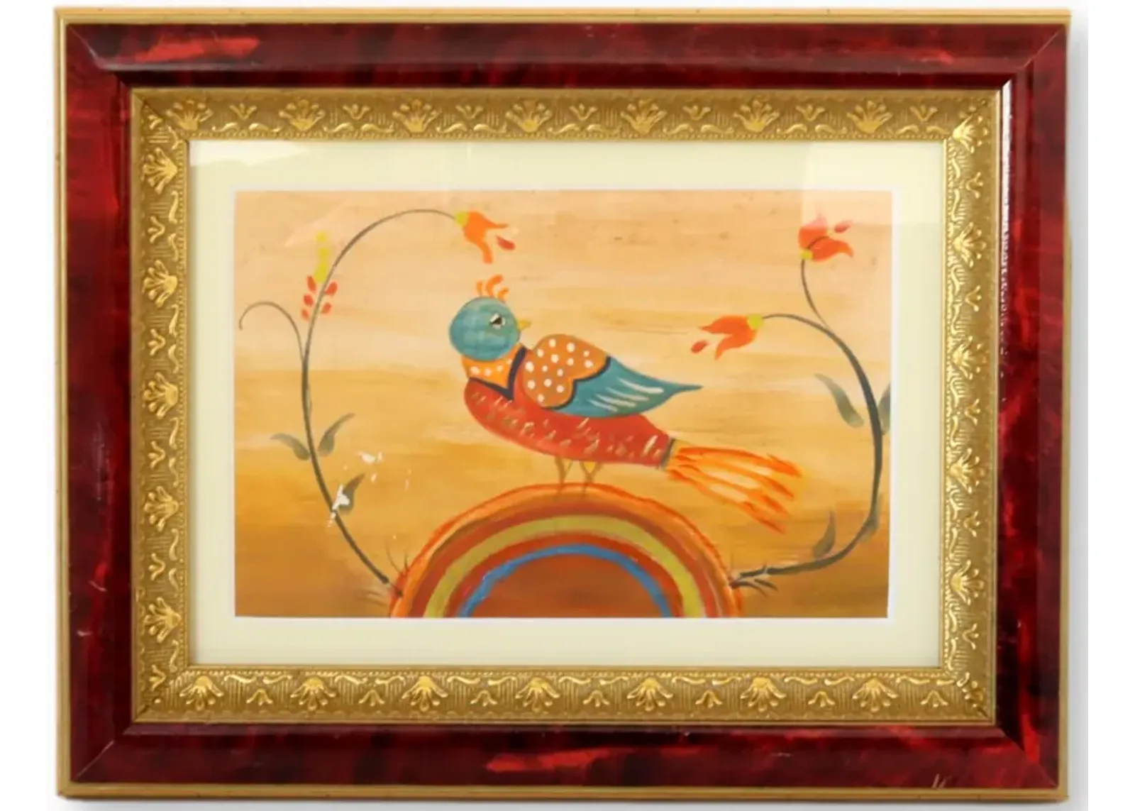 Folk Art Watercolor of a Bird & Rainbow - New England Mercantile - Gold