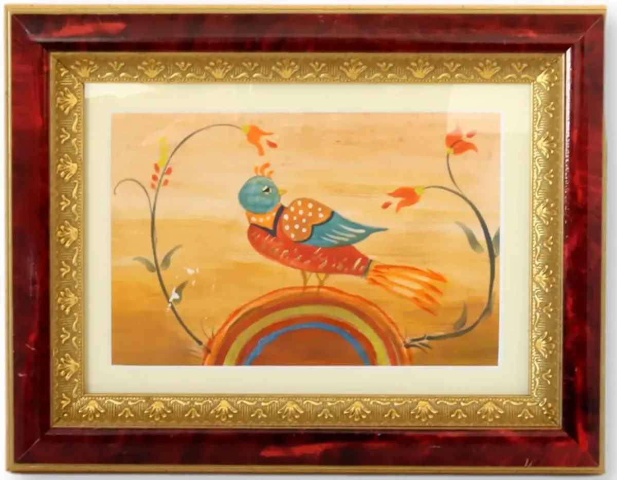 Folk Art Watercolor of a Bird & Rainbow - New England Mercantile - Gold