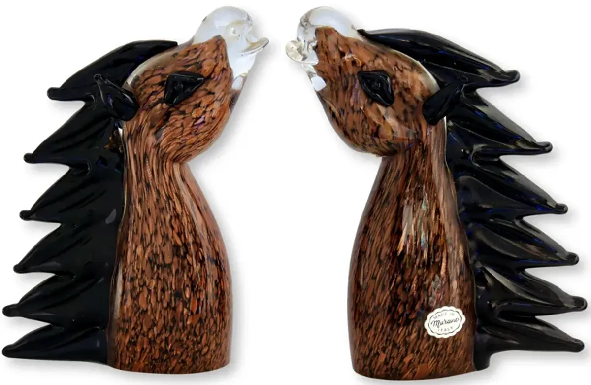 Vintage Murano Glass Horse Head Bookends - The Queens Landing - Brown