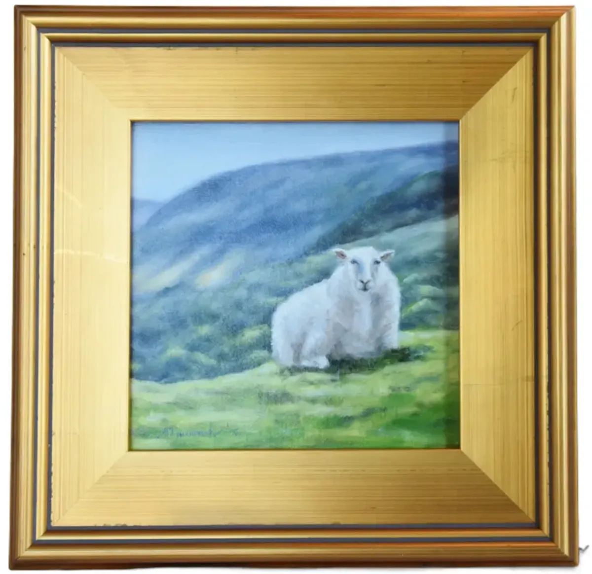 Farmhouse Sheep Landscape Oil Painting - Blue