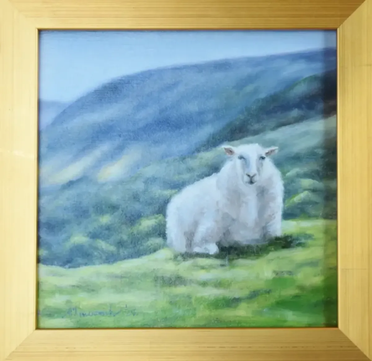 Farmhouse Sheep Landscape Oil Painting - Blue