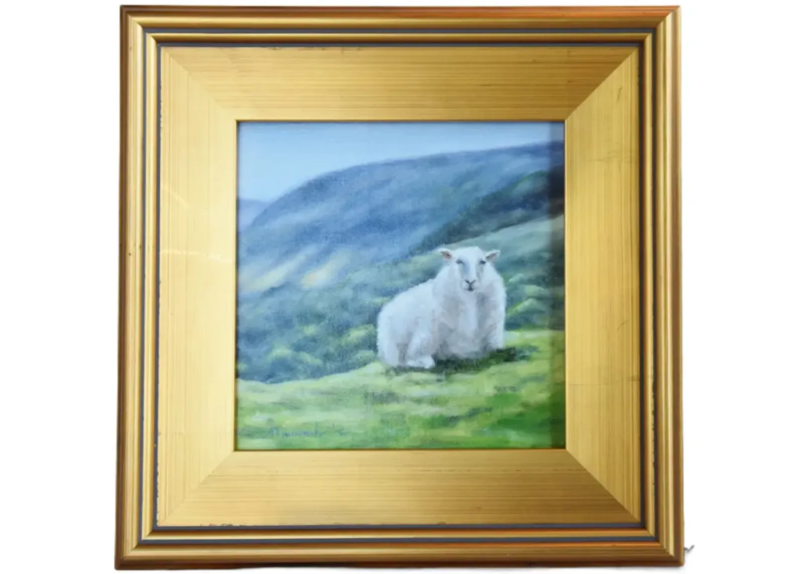 Farmhouse Sheep Landscape Oil Painting - Blue