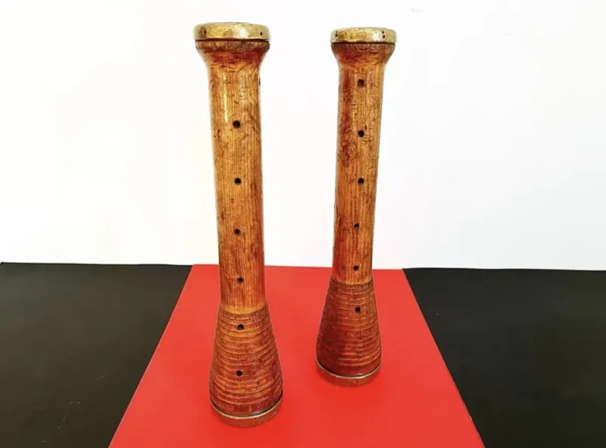 1960s Wood & Brass Candlesticks - Set of 2 - C the Light Interiors - Gold