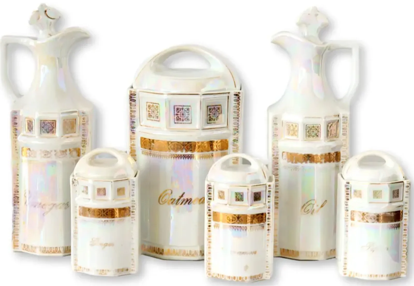 German Lustre Kitchen Canisters - Set of 6 - New England Mercantile - White