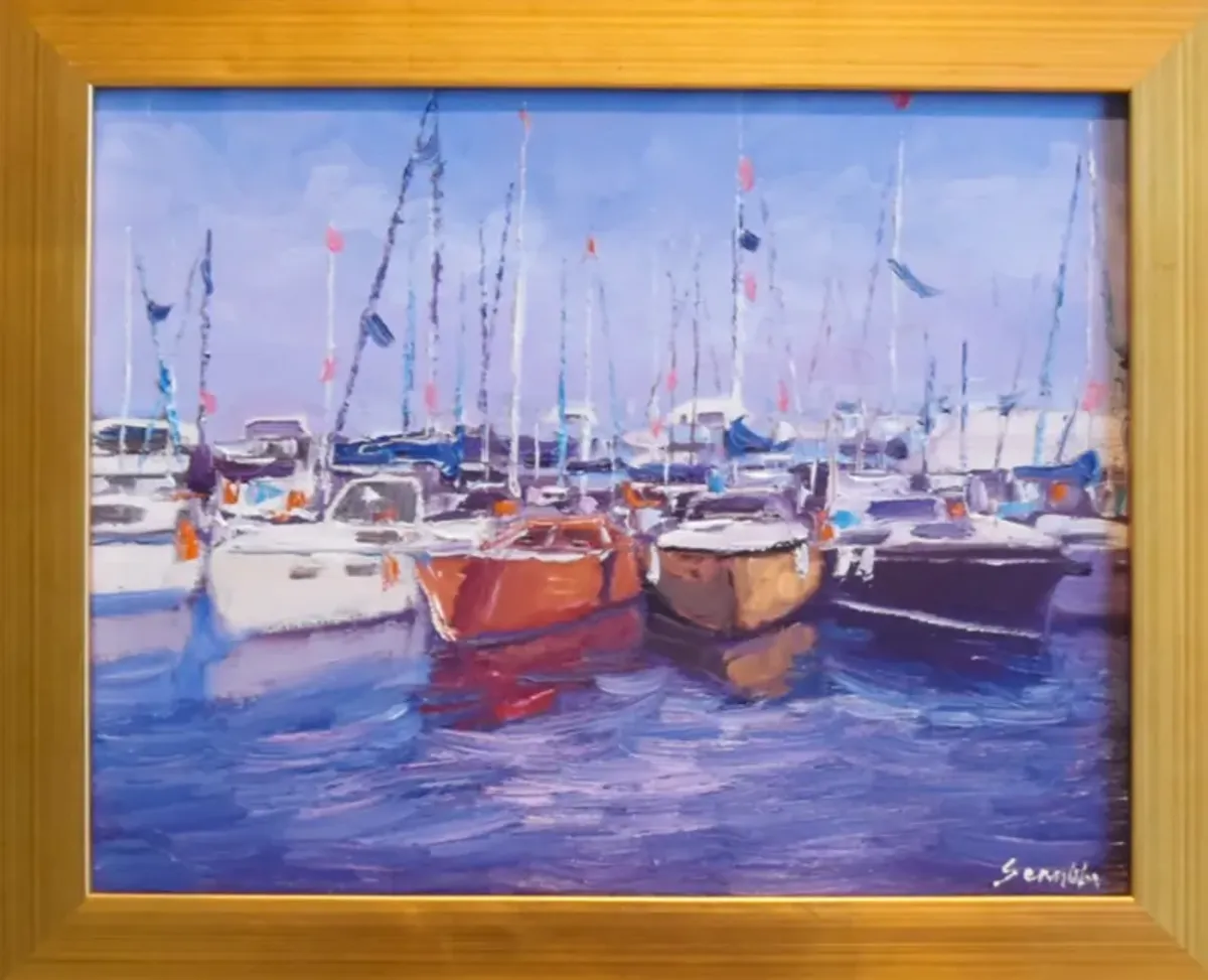 California Costal Harbor With Sailboats - Blue