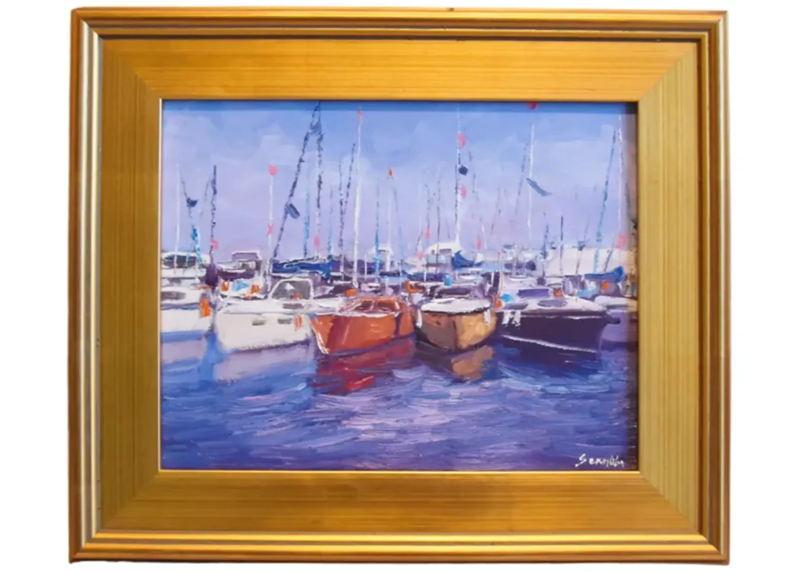 California Costal Harbor With Sailboats - Blue