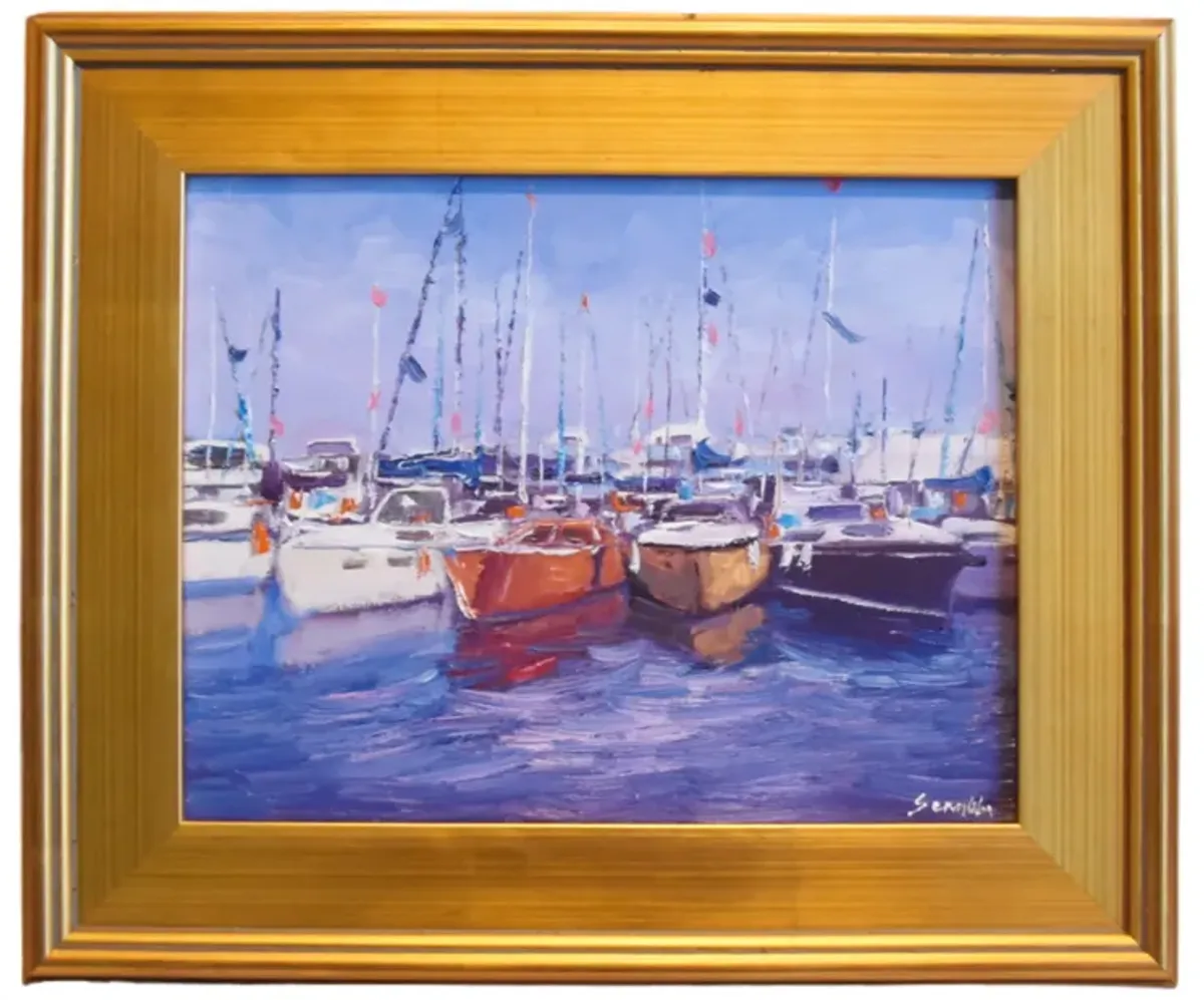 California Costal Harbor With Sailboats - Blue