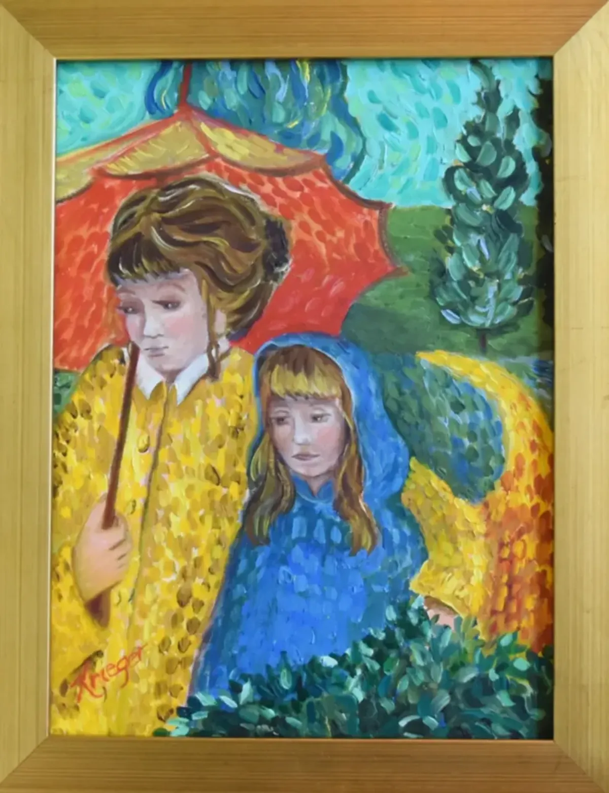 Impressionist Lady/Girl W/Red Umbrella - Blue