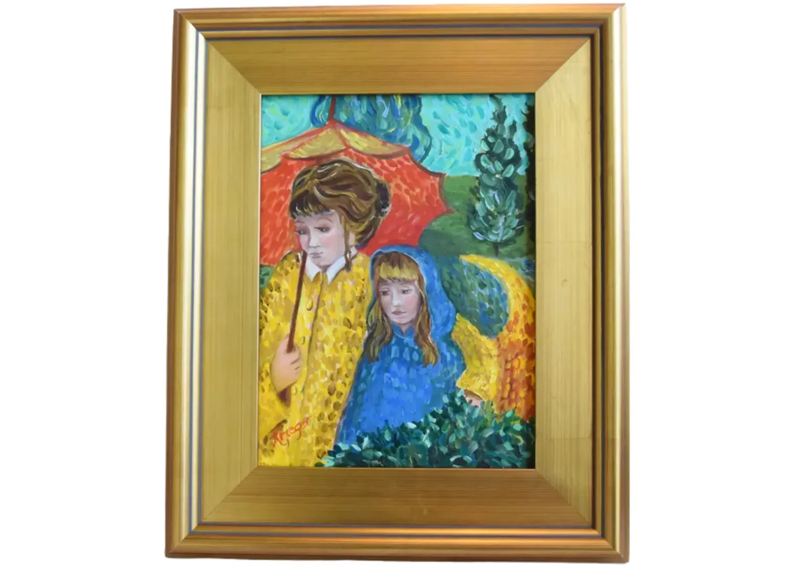 Impressionist Lady/Girl W/Red Umbrella - Blue