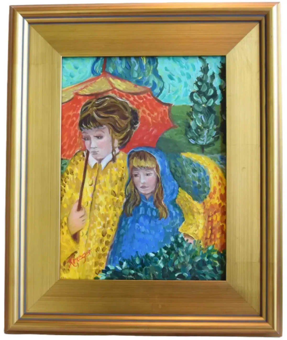 Impressionist Lady/Girl W/Red Umbrella - Blue