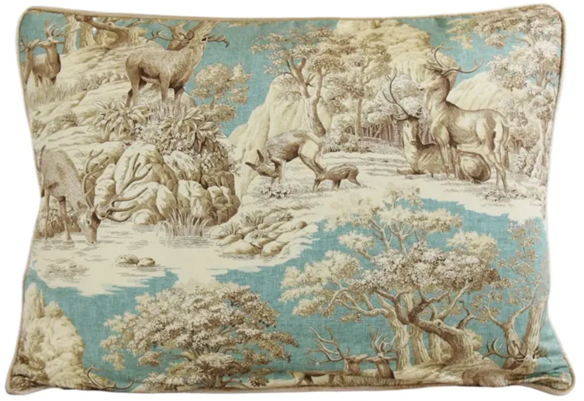 Aqua Toile Deer Woodland Stream Pillow