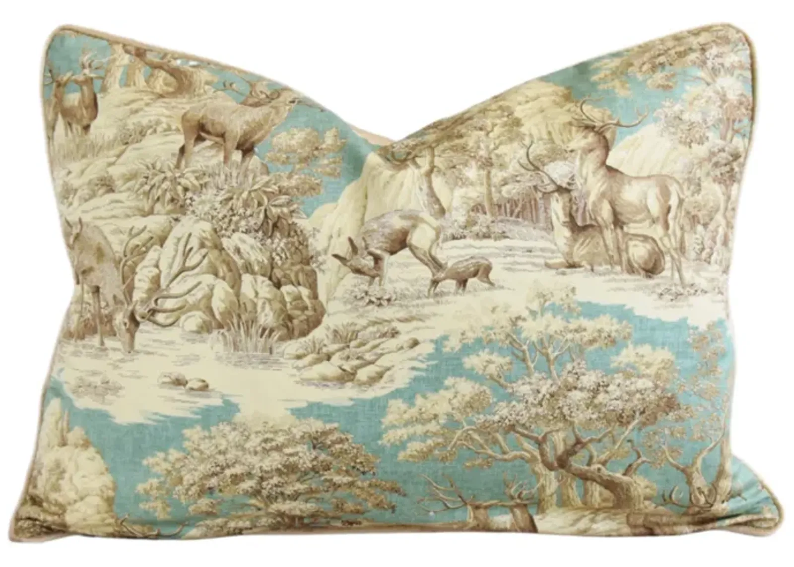 Aqua Toile Deer Woodland Stream Pillow