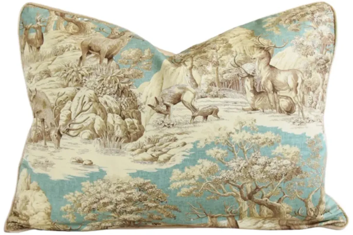 Aqua Toile Deer Woodland Stream Pillow