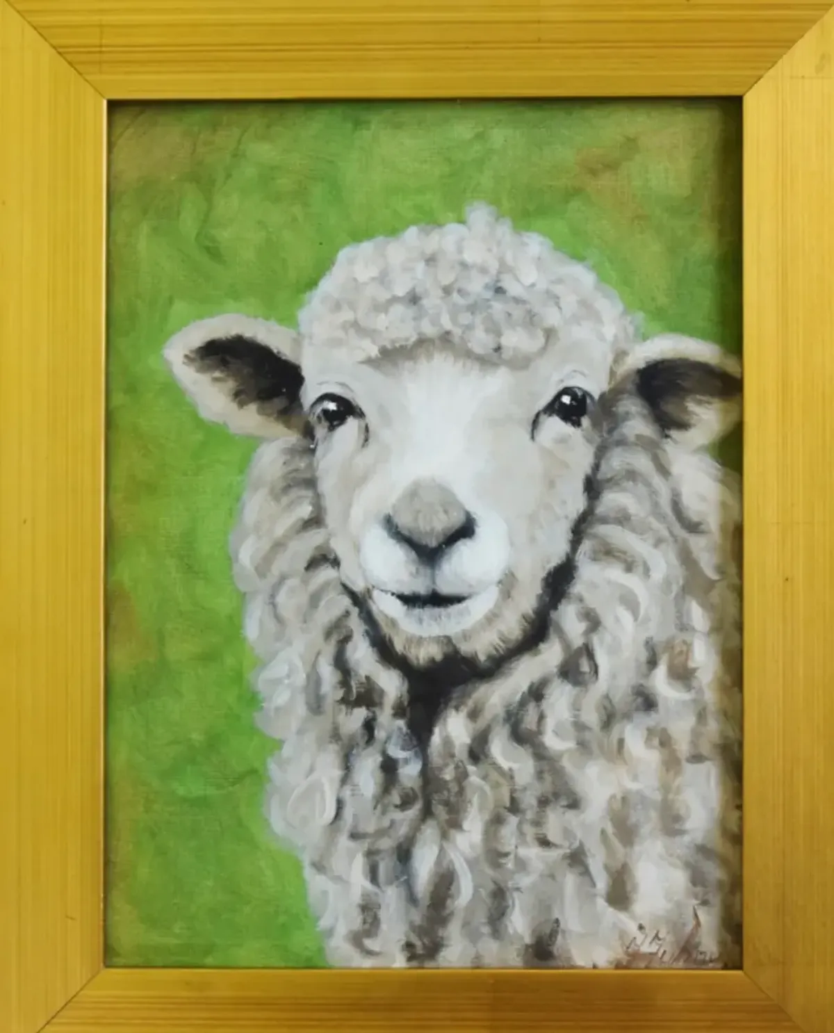 Farmhouse Ewe Sheep Portrait Painting - Green