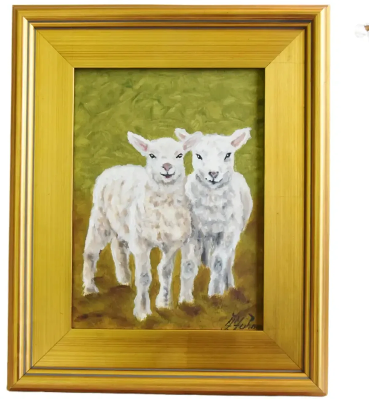 Farmhouse Country Lambs Oil Painting - Green