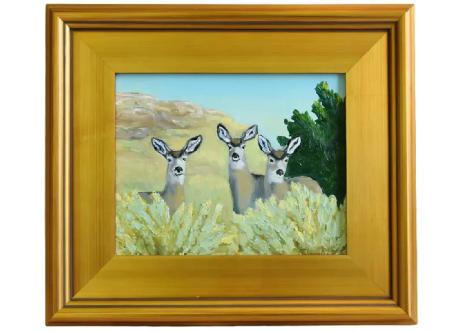 Wildlife Nature Three Deer Oil Painting - Green