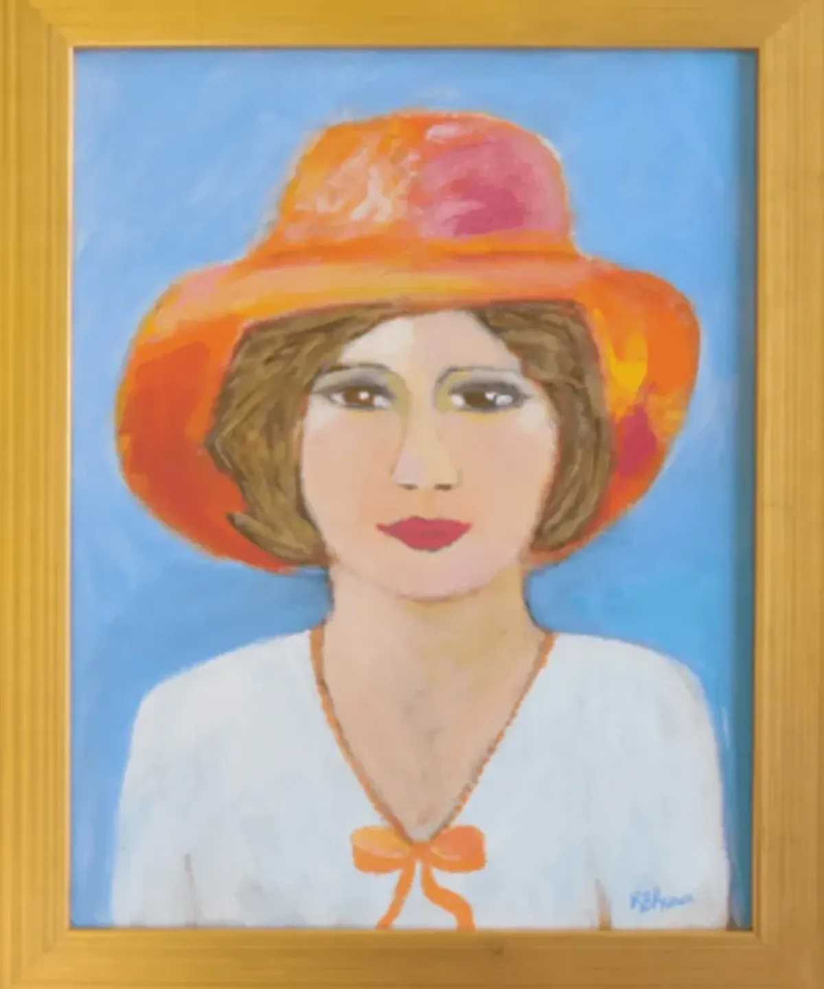 Lovely Lady in Orange Hat Portrait - Blue