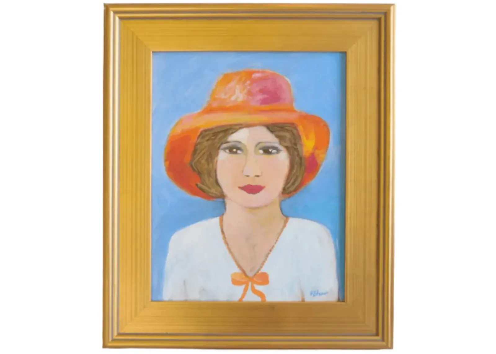 Lovely Lady in Orange Hat Portrait - Blue