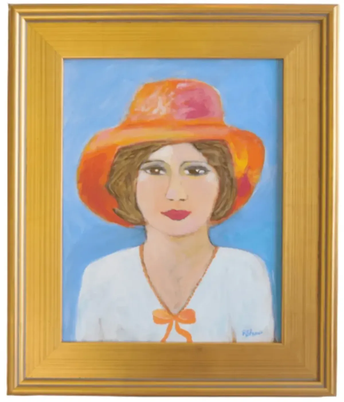 Lovely Lady in Orange Hat Portrait - Blue