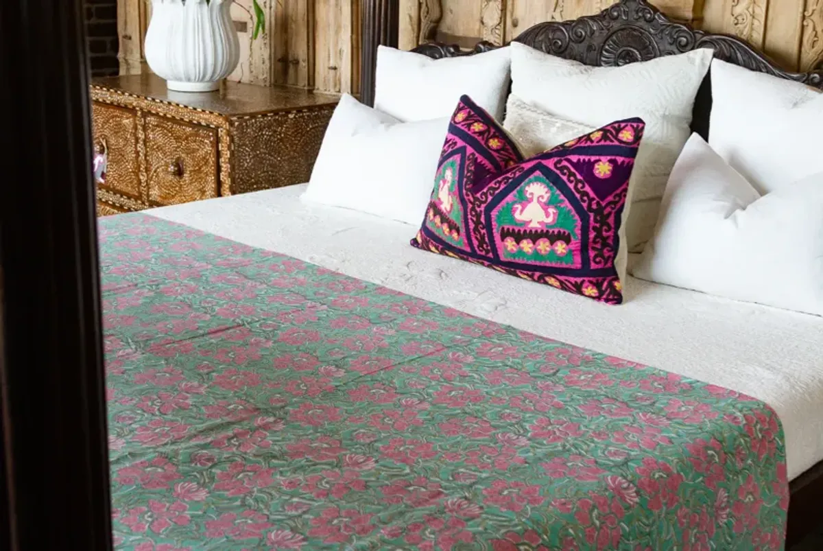 Begonia Block Print Cotton Bed Coverlet - de-cor - Handcrafted - Pink