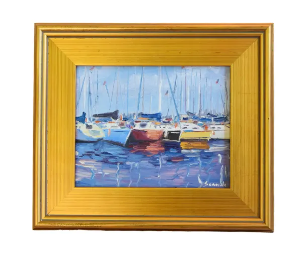 Nautical Sailboats in Harbor Painting - Blue