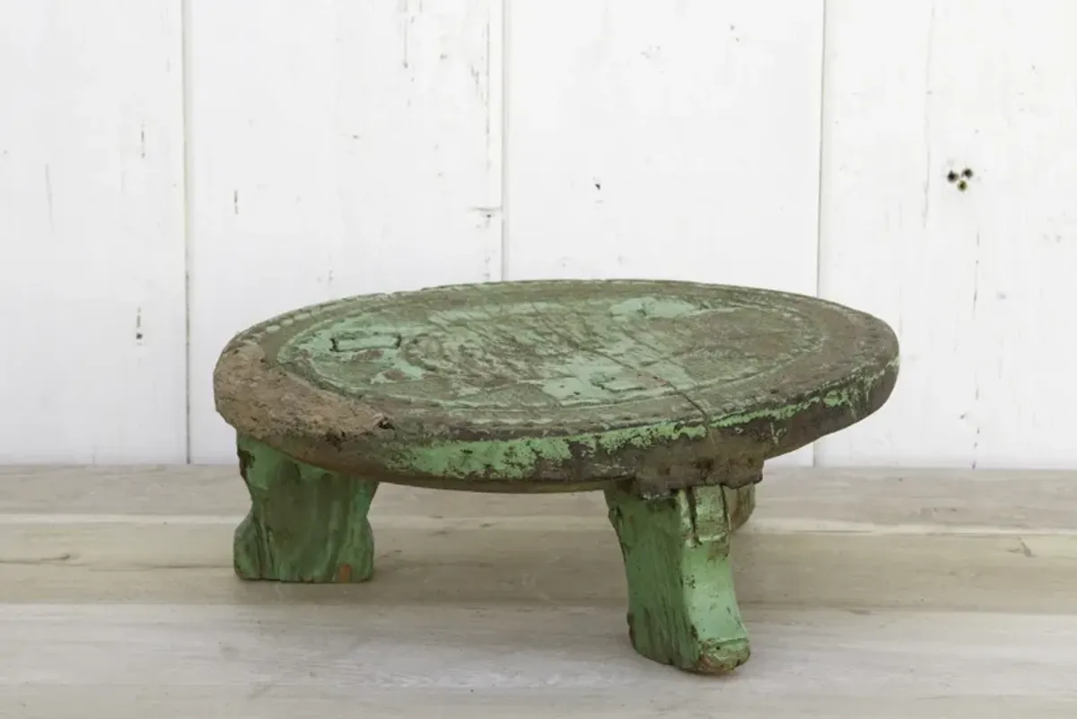 Indian Ceremonial Carved Low Bajot Table - de-cor - Green