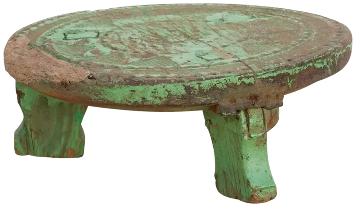 Indian Ceremonial Carved Low Bajot Table - de-cor - Green