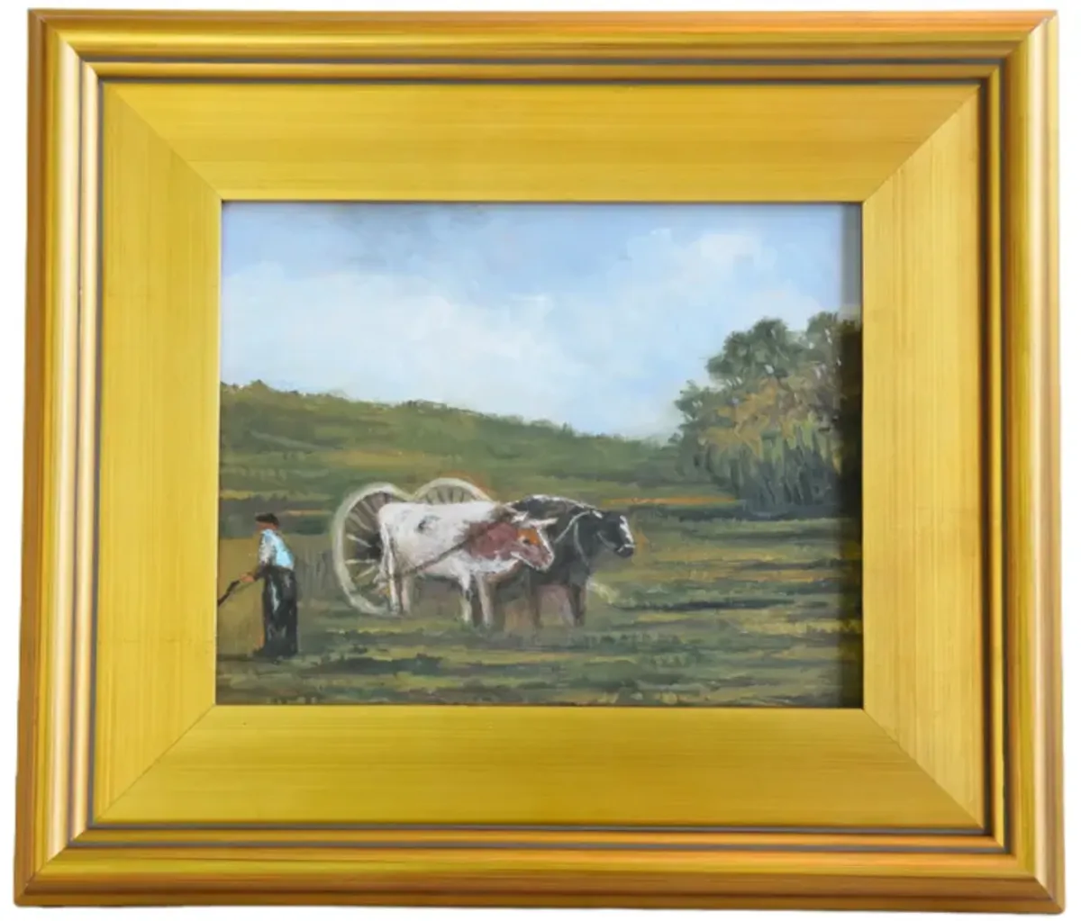 Impressionist Oxen Wagon Farm Painting - Green