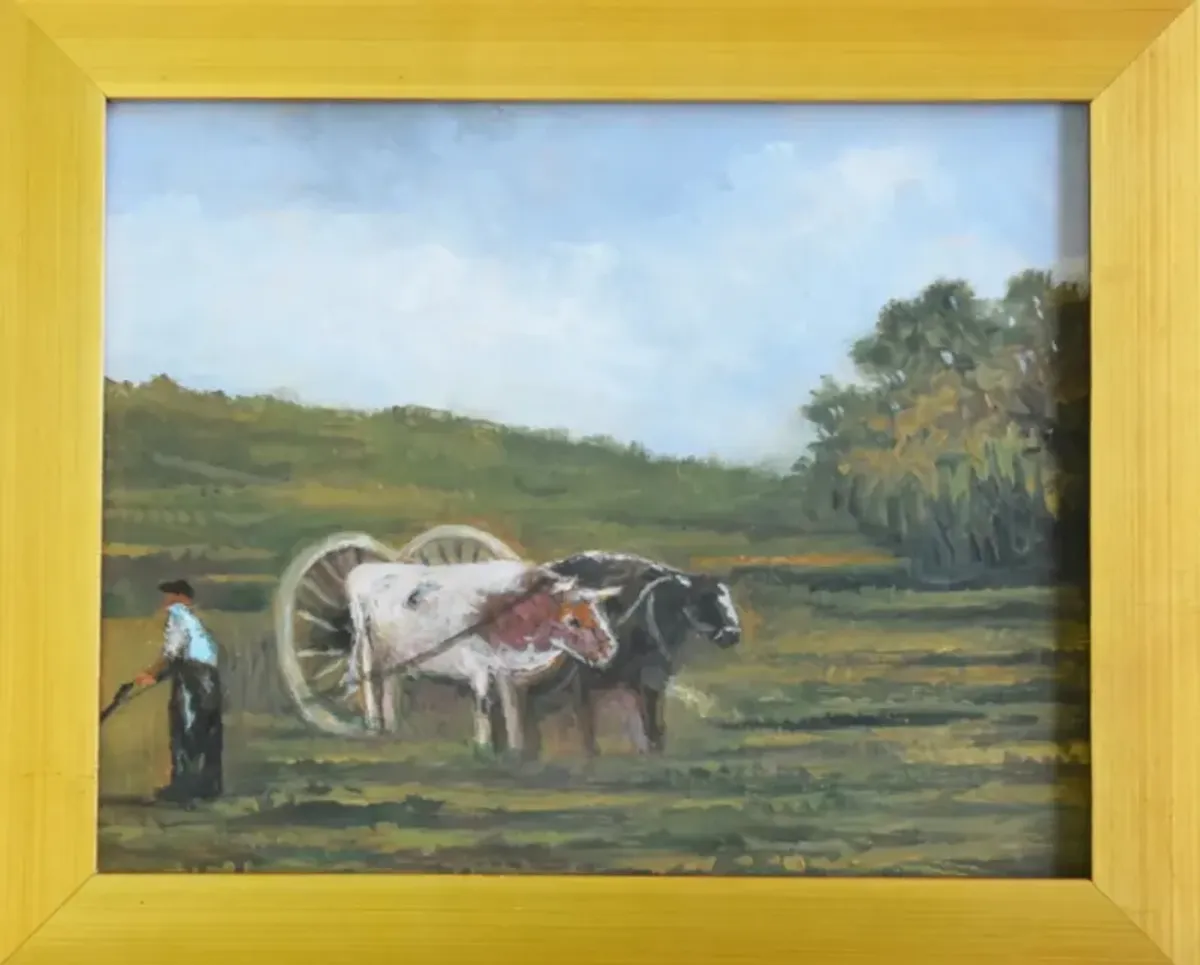 Impressionist Oxen Wagon Farm Painting - Green