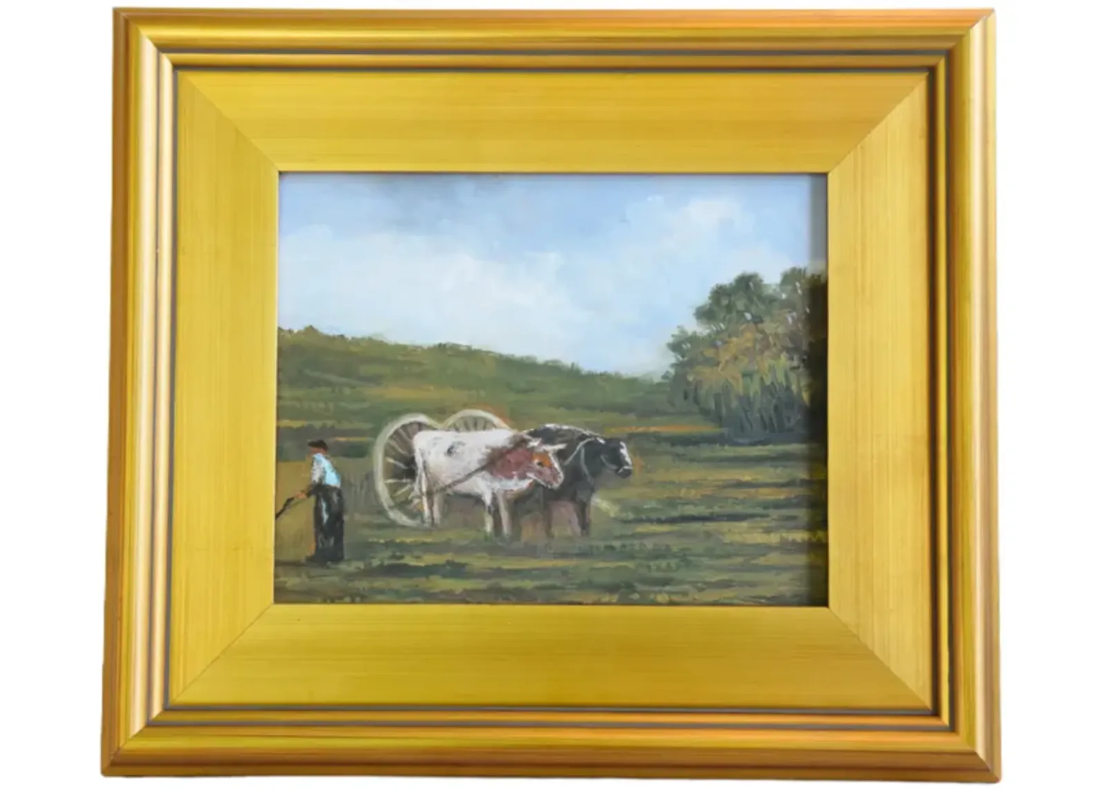 Impressionist Oxen Wagon Farm Painting - Green