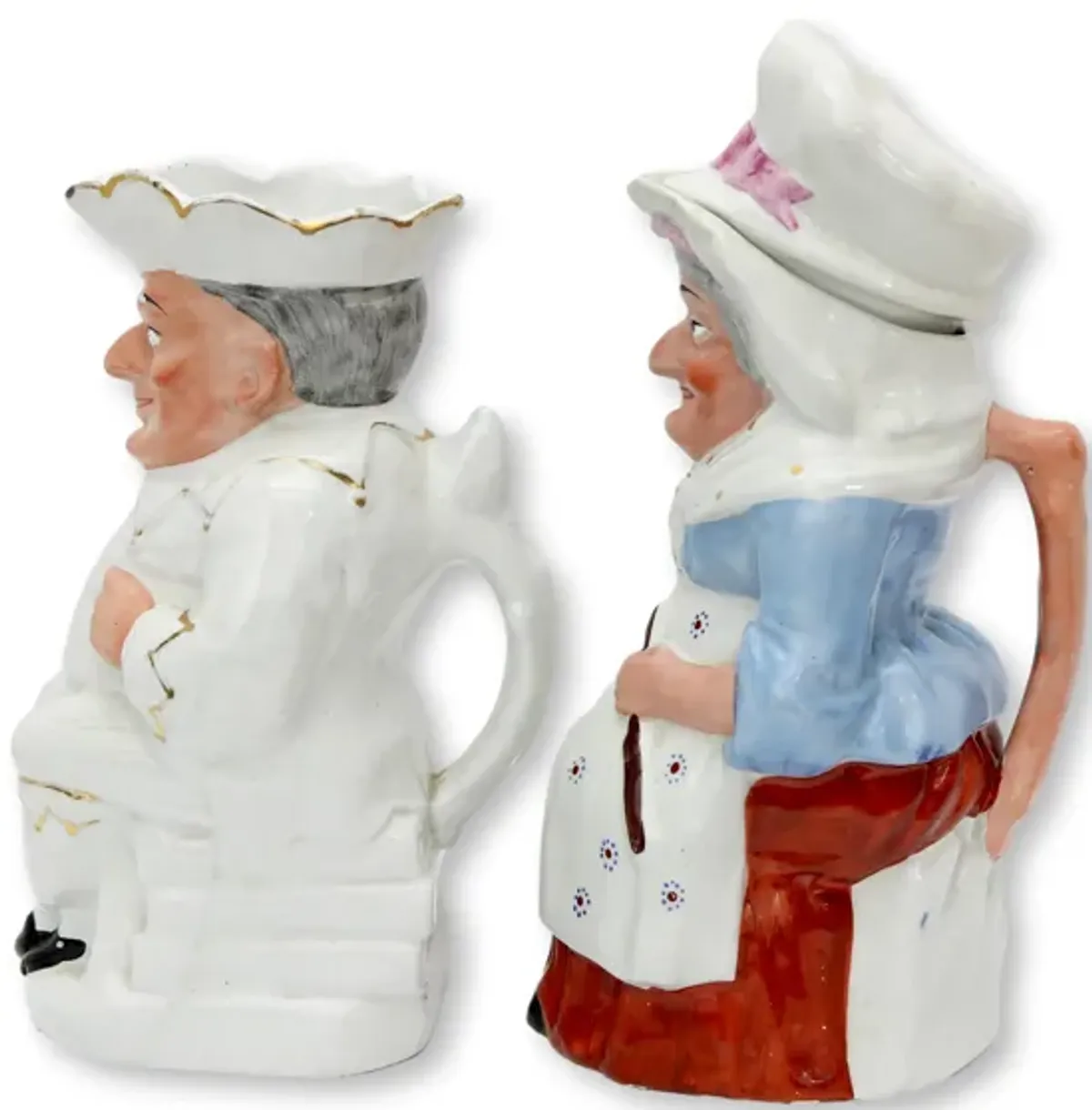 Antique Staffordshire Punch & Judy Jugs - Rose Victoria - White