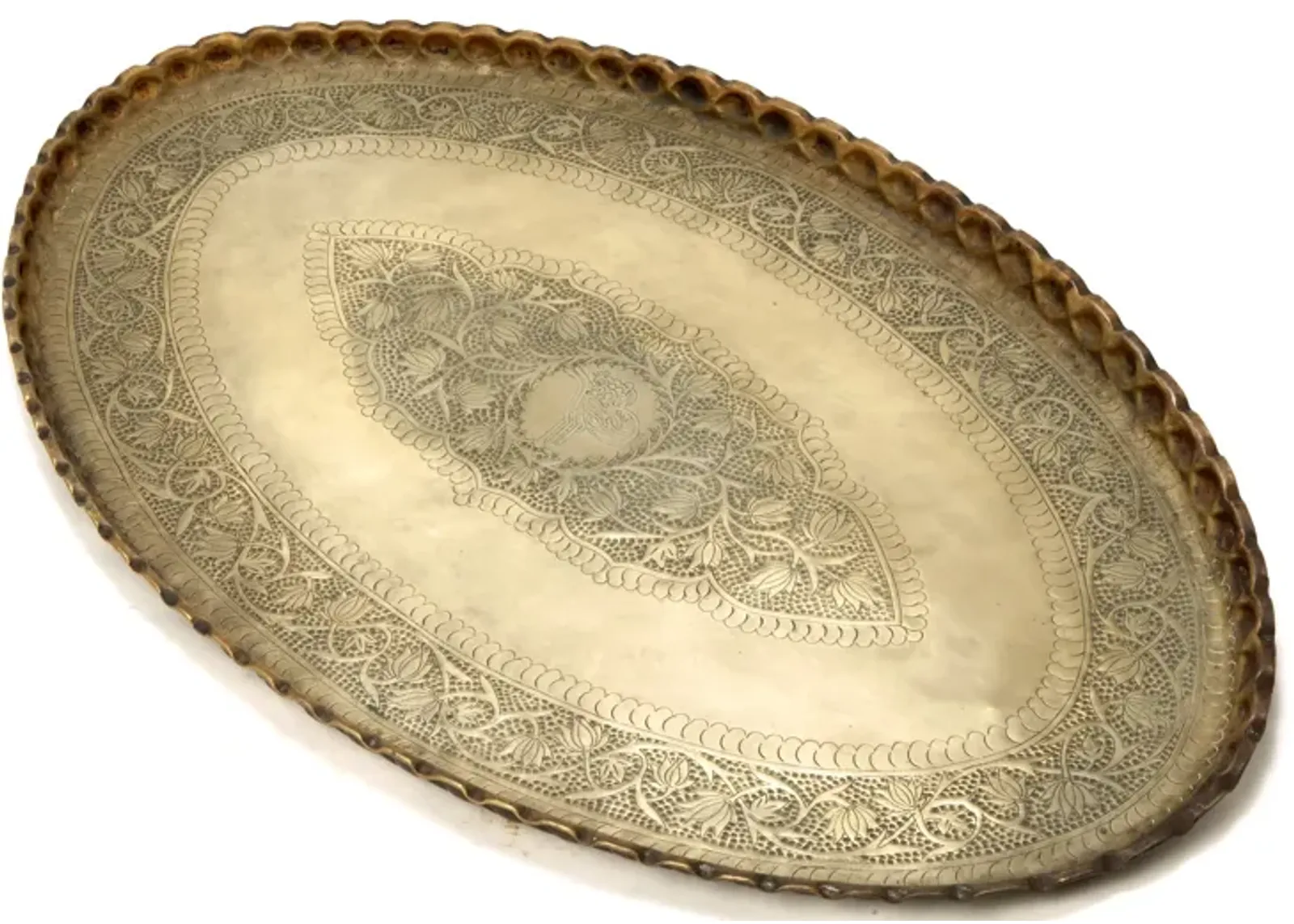 Hand Tooled Moroccan Large Brass Tray - Fleur de Lex Antiques - Handcrafted - Gold