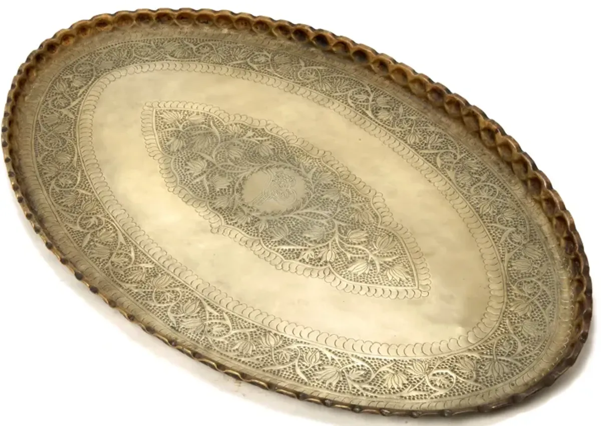 Hand Tooled Moroccan Large Brass Tray - Fleur de Lex Antiques - Handcrafted - Gold