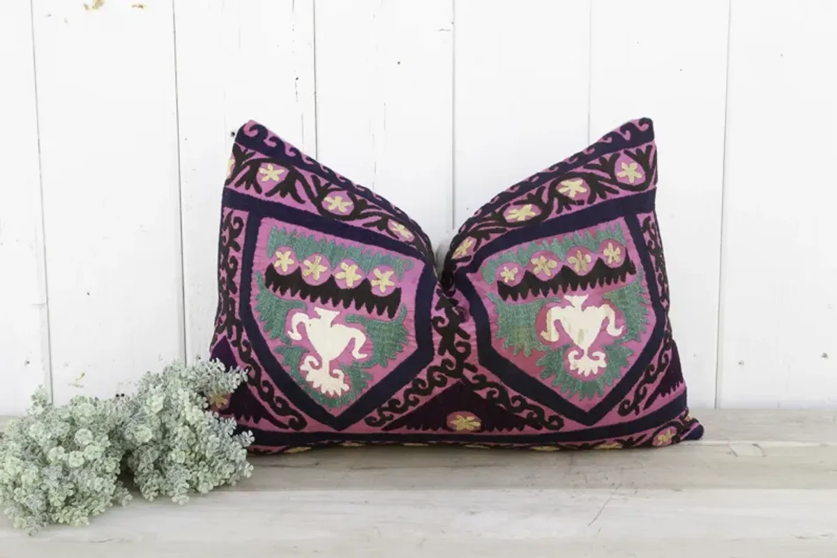 African Violet Suzani Lumbar Pillow - de-cor