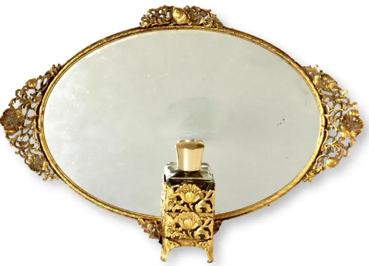 Midcentury Vanity Tray with Perfume Bottle - The Queens Landing - Gold