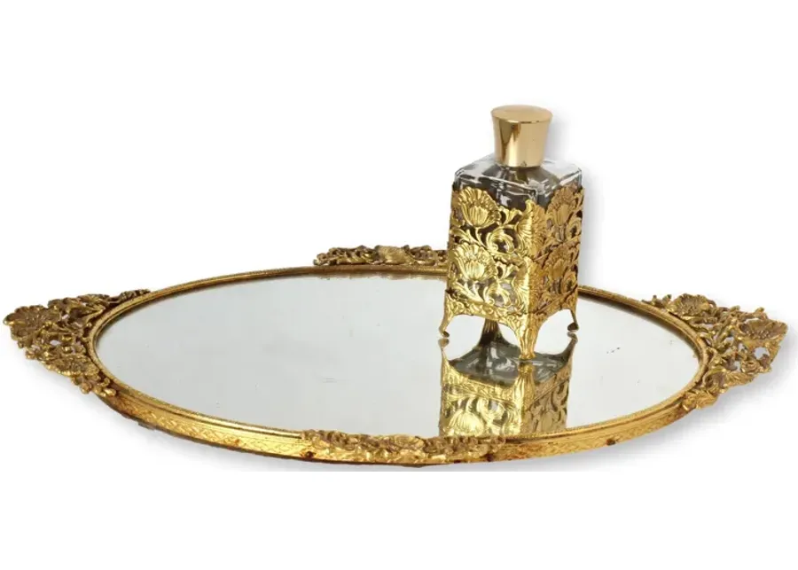 Midcentury Vanity Tray with Perfume Bottle - The Queens Landing - Gold