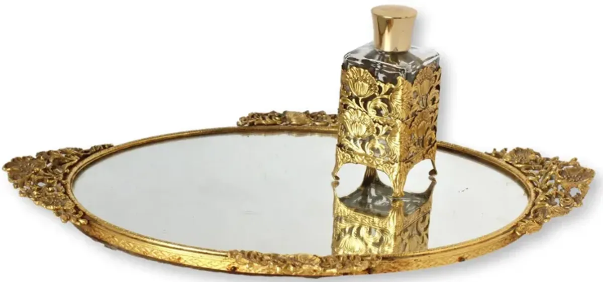 Midcentury Vanity Tray with Perfume Bottle - The Queens Landing - Gold