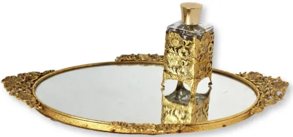 Midcentury Vanity Tray with Perfume Bottle - The Queens Landing - Gold