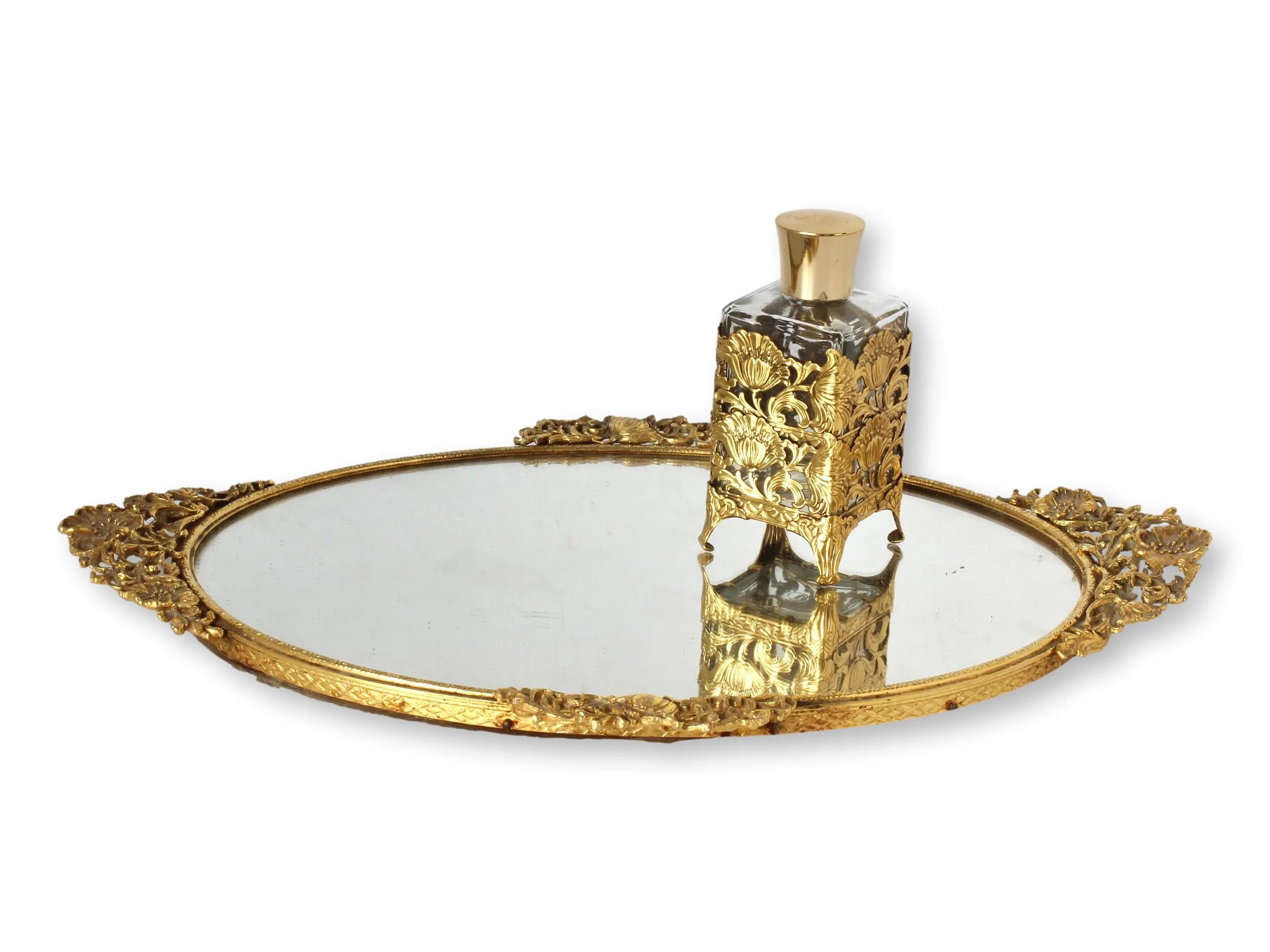 Midcentury Vanity Tray with Perfume Bottle - The Queens Landing - Gold