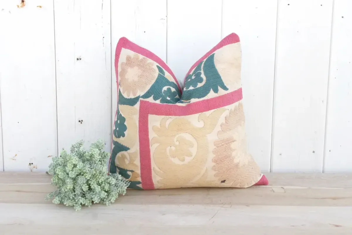 Peach Rose Vintage Suzani Pillow - de-cor