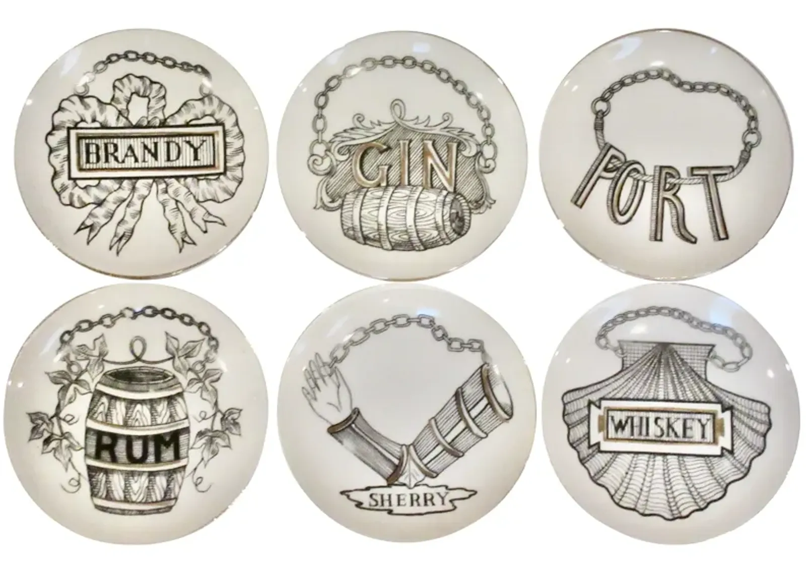 1960s Fornasetti-Style Coasters Set of 6 - The Emporium Ltd. - Black