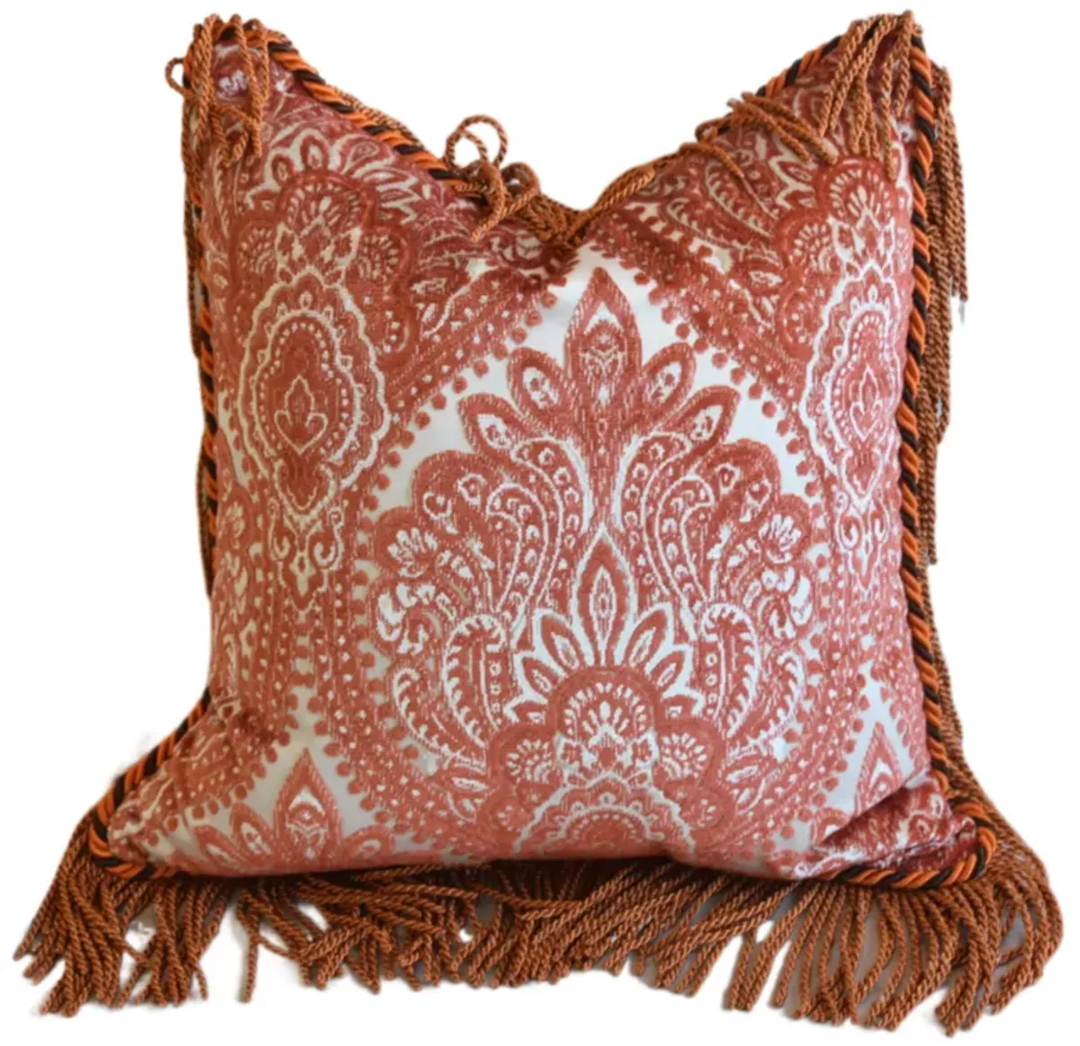 Tangerine Floral Fringed Velvet Pillow